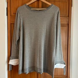 Loft plus sweater with white cuffs.  Gray and white stripes.